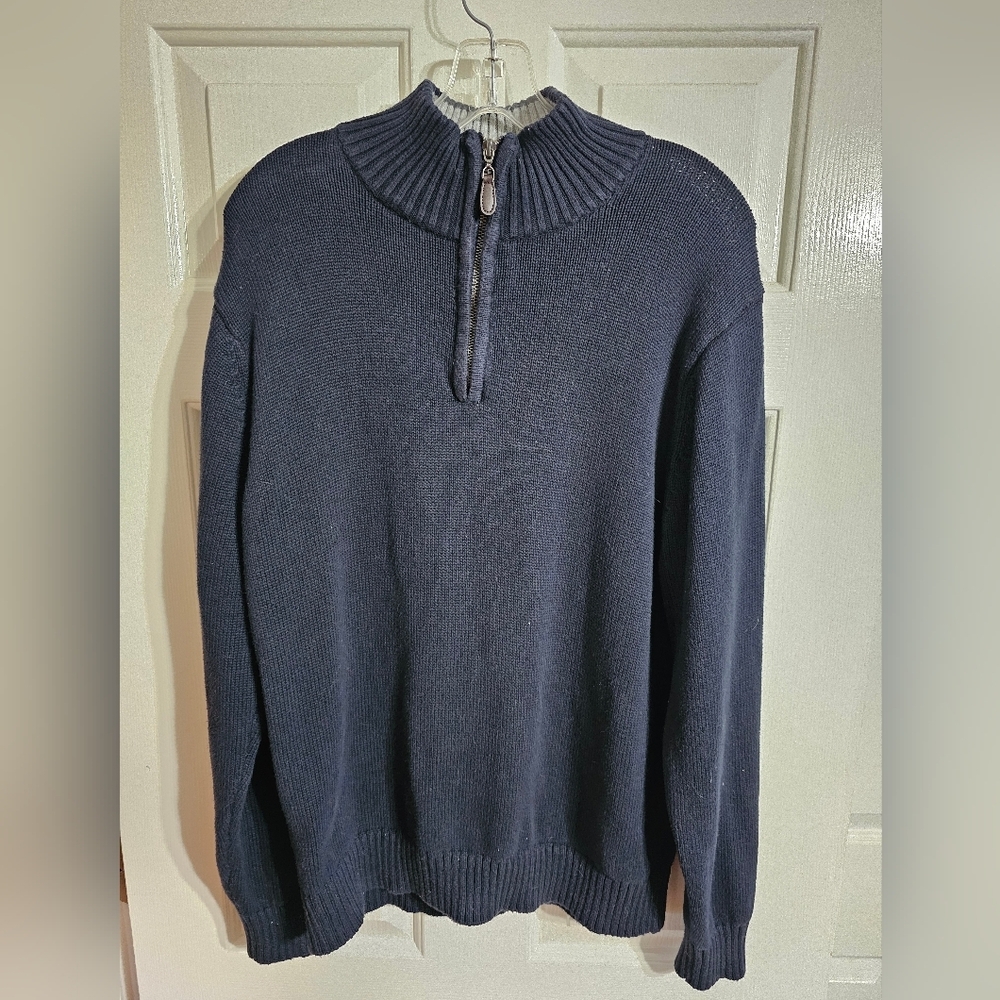 L.L.Bean Mens M Navy Blue Quarter Zip Cotton Sweater Preppy Classic Casual Warm - Picture 2 of 6